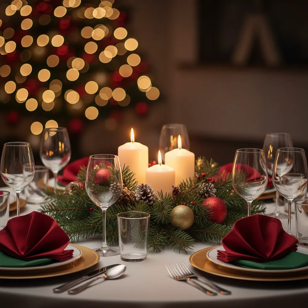 A round banquet table set for a Christmas party, featuring red and green napkins, gold-rimmed plates, sparkling glassware, and a centerpiece of pine branches and candles, with soft bokeh lights in the background.