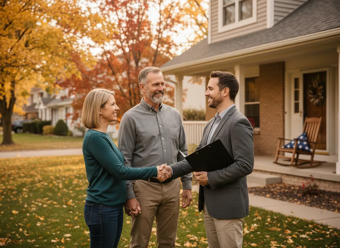 Veteran shaking hands with real estate agent in front of a home