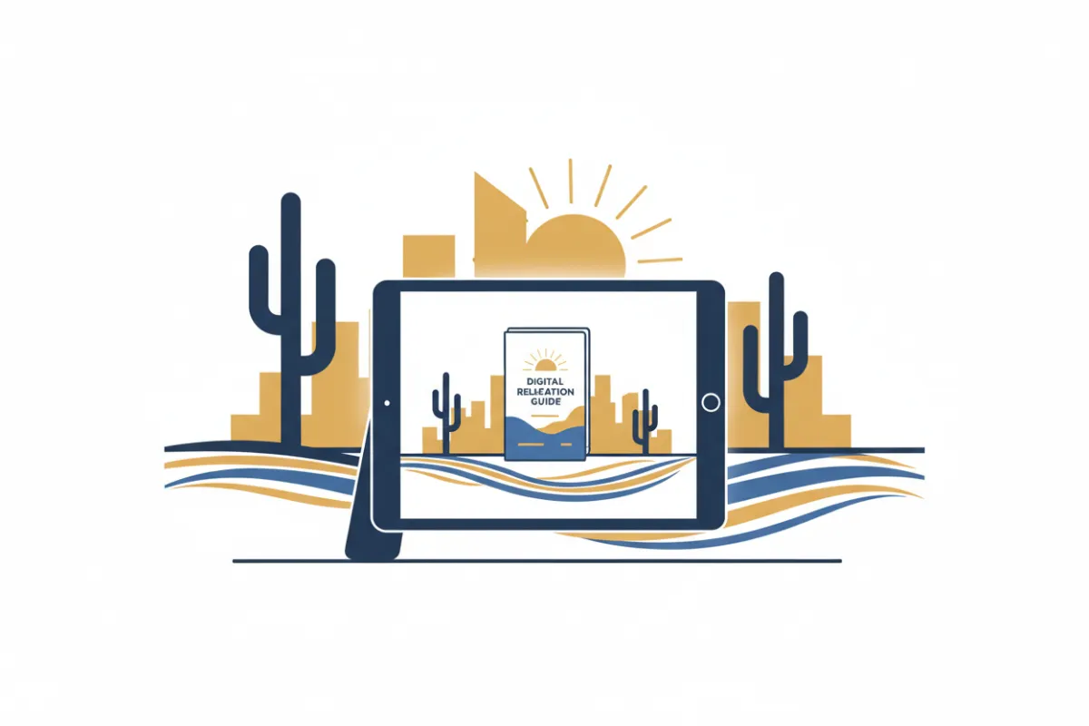 Phoenix Relocation Guide cover on a tablet with desert landscape and city skyline, modern flat style, 3:2 aspect ratio