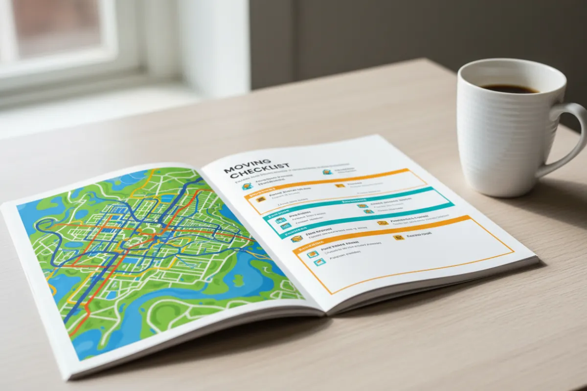 Printed relocation guide open to a colorful map and checklist, on a wooden table with coffee mug, 3:2 aspect ratio