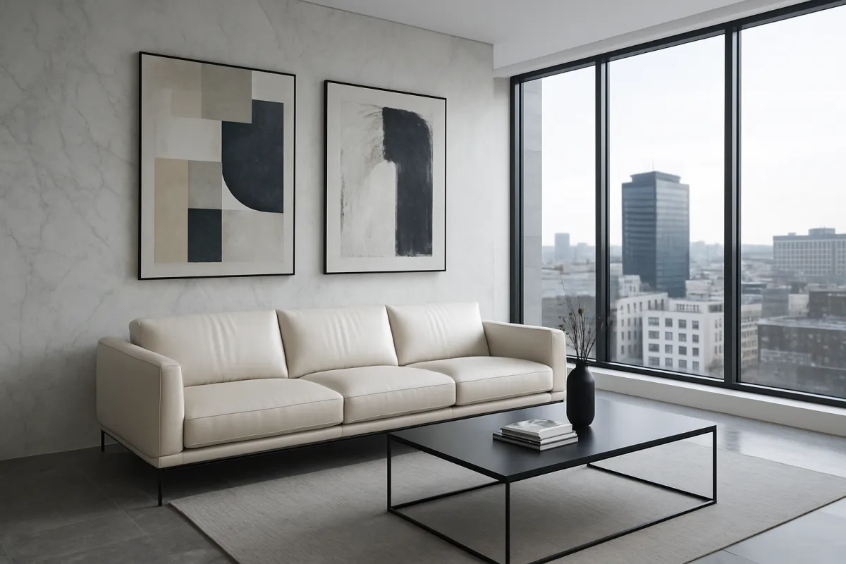 Sala de estar minimalista premium com mármore e vista urbana
