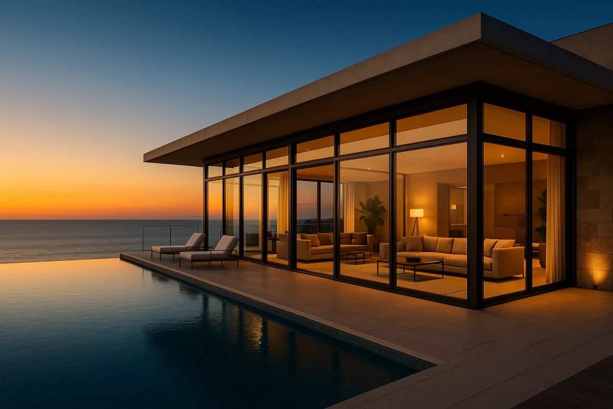 Cobertura de luxo à beira-mar ao entardecer com piscina de borda infinita.