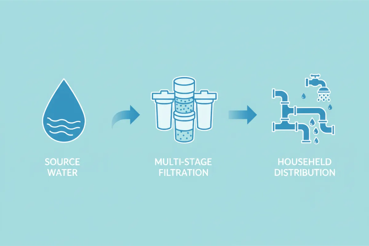 Infographic showing the three-step HydroPure Pro process from source water through multi-stage filtration to household distribution.