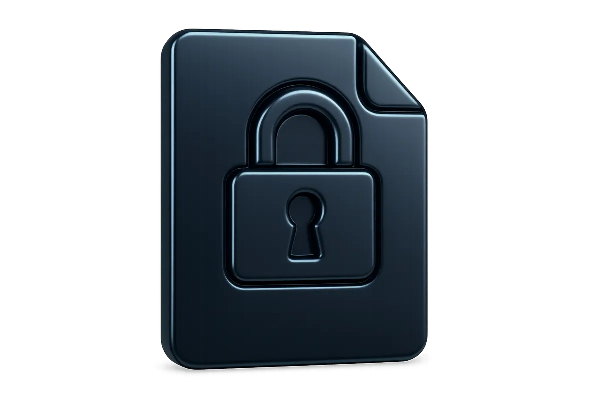 3D isometric render of legal tax compliance document with glowing teal verification seal and lock