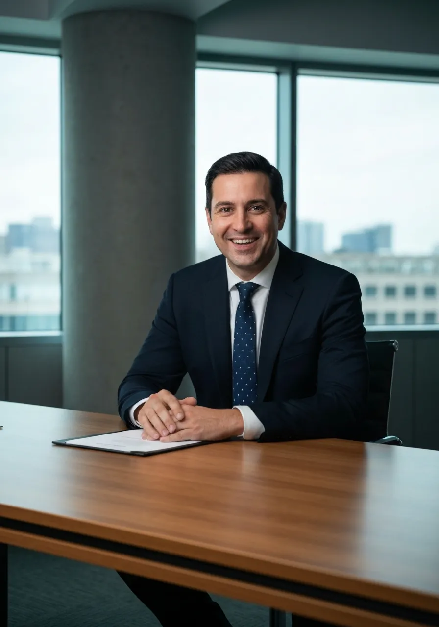 Asesor financiero sonriendo en sala de juntas premium