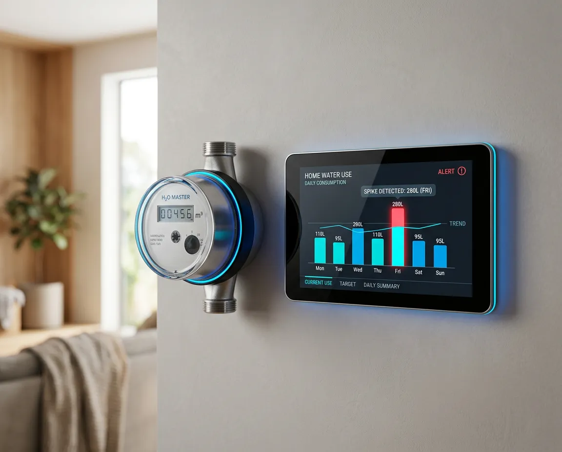 Modern clean water utility meter and home conservation dashboard monitoring water usage