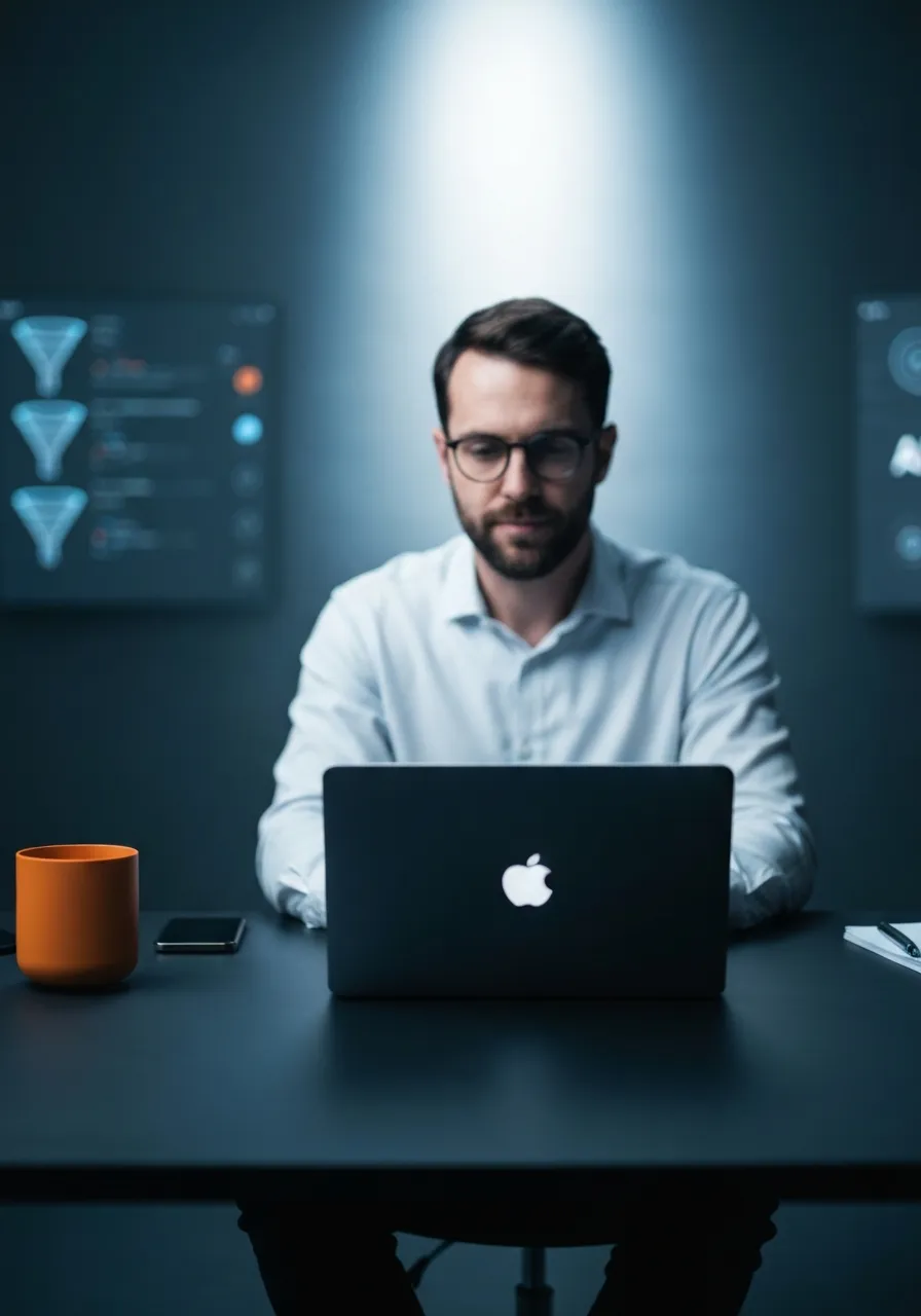 Founder in a modern workspace using a streamlined tech stack