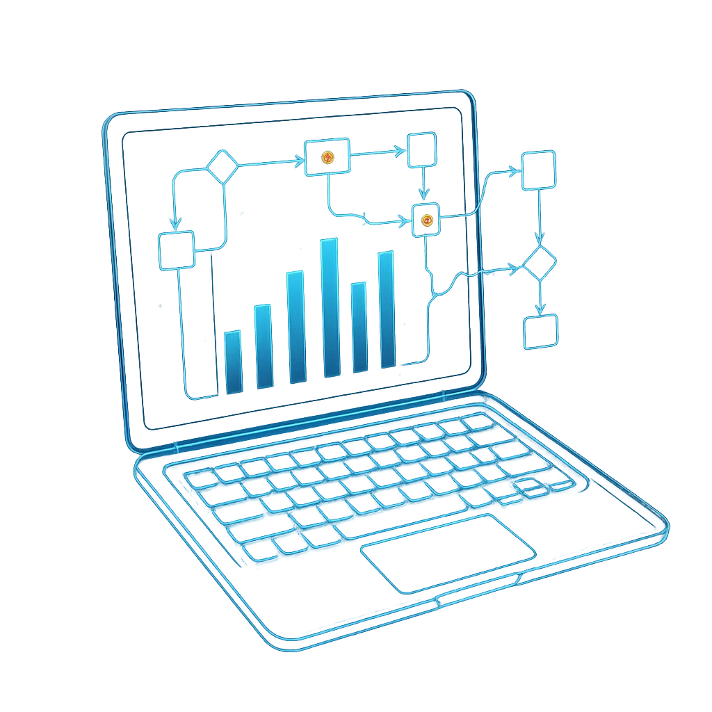 Cinematic tech mockup of a glassy laptop screen showing a glowing funnel automation path