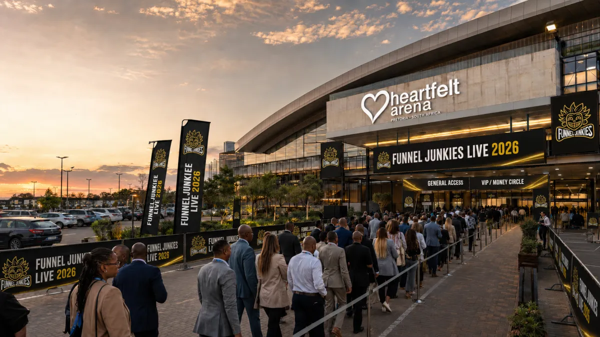 Concept visualisation of business owners arriving at Heartfelt Arena for Funnel Junkies Live 2026