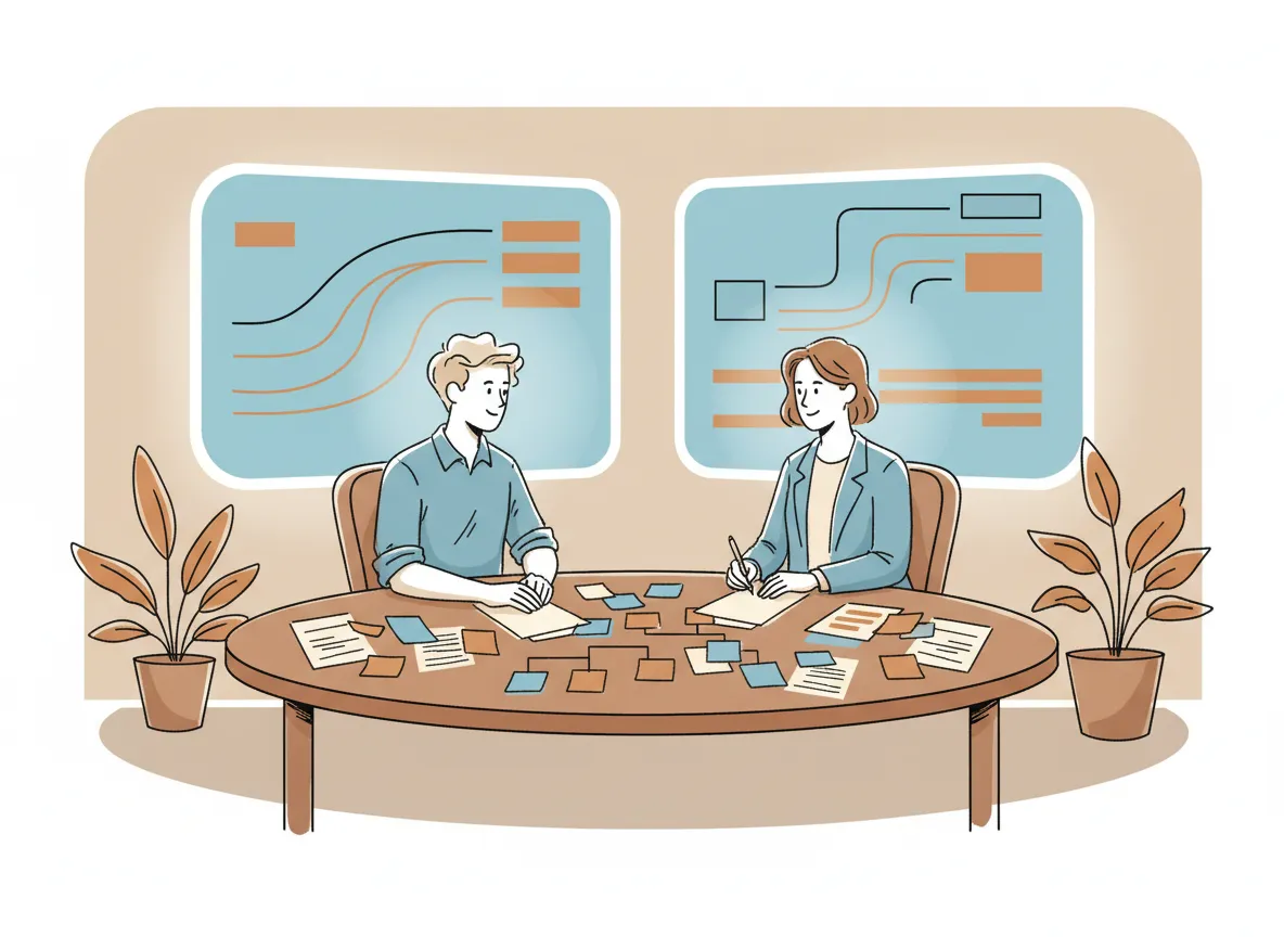 Sketch-style illustration of an AI strategy consultant collaborating with a business coach over sticky notes and screens.