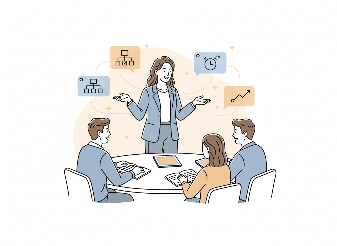 Hand-drawn style illustration of a business coach leading a group session with AI assistant tools floating around on screens.