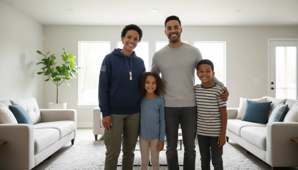 Military family standing in front of their new home