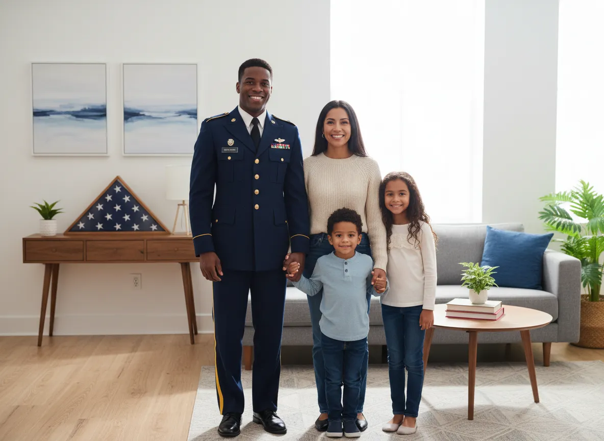 Smiling military family standing together in their new home