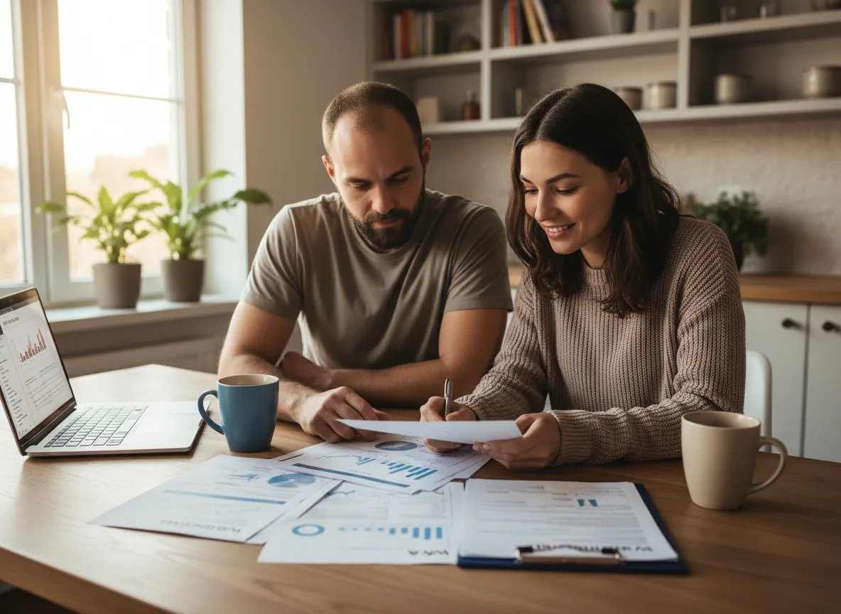 Veteran reviewing credit report and VA loan documents at a kitchen table