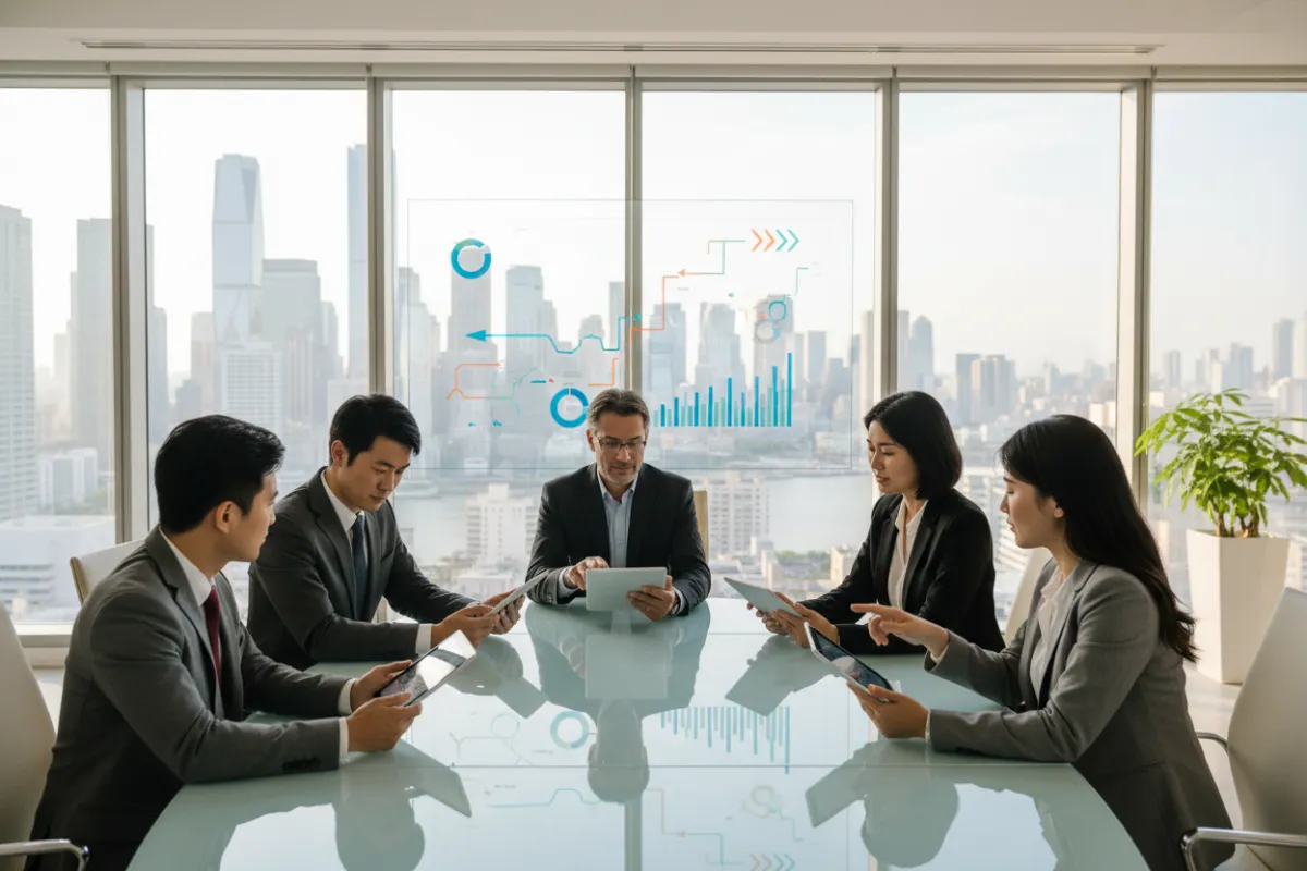 A diverse group of executives in a modern glass-walled boardroom, collaborating over digital tablets and charts, with city skyline visible through the windows. The scene conveys strategic planning and high-level teamwork in a corporate setting.