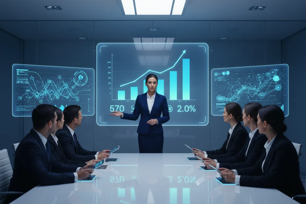 A businesswoman presenting a performance dashboard to a group of executives in a high-tech conference room, with digital screens displaying upward-trending metrics. The atmosphere is dynamic, focused on achievement and innovation.
