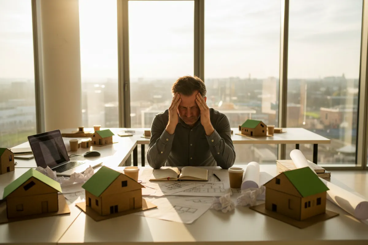 Frustrated architect at desk with unfinished eco-friendly model, papers scattered, sunlight through window, modern office, feeling stuck