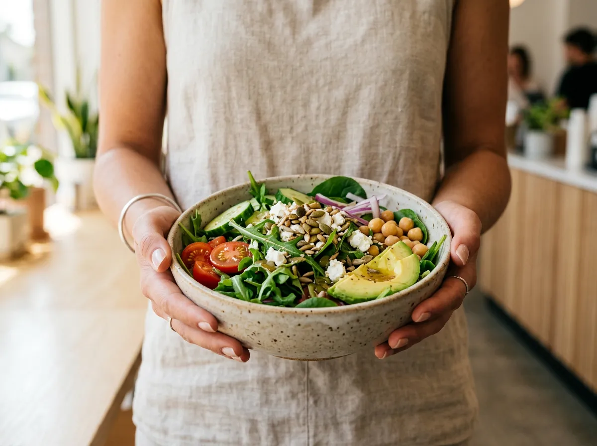 Close-up of a person holding a healthy salad bowl