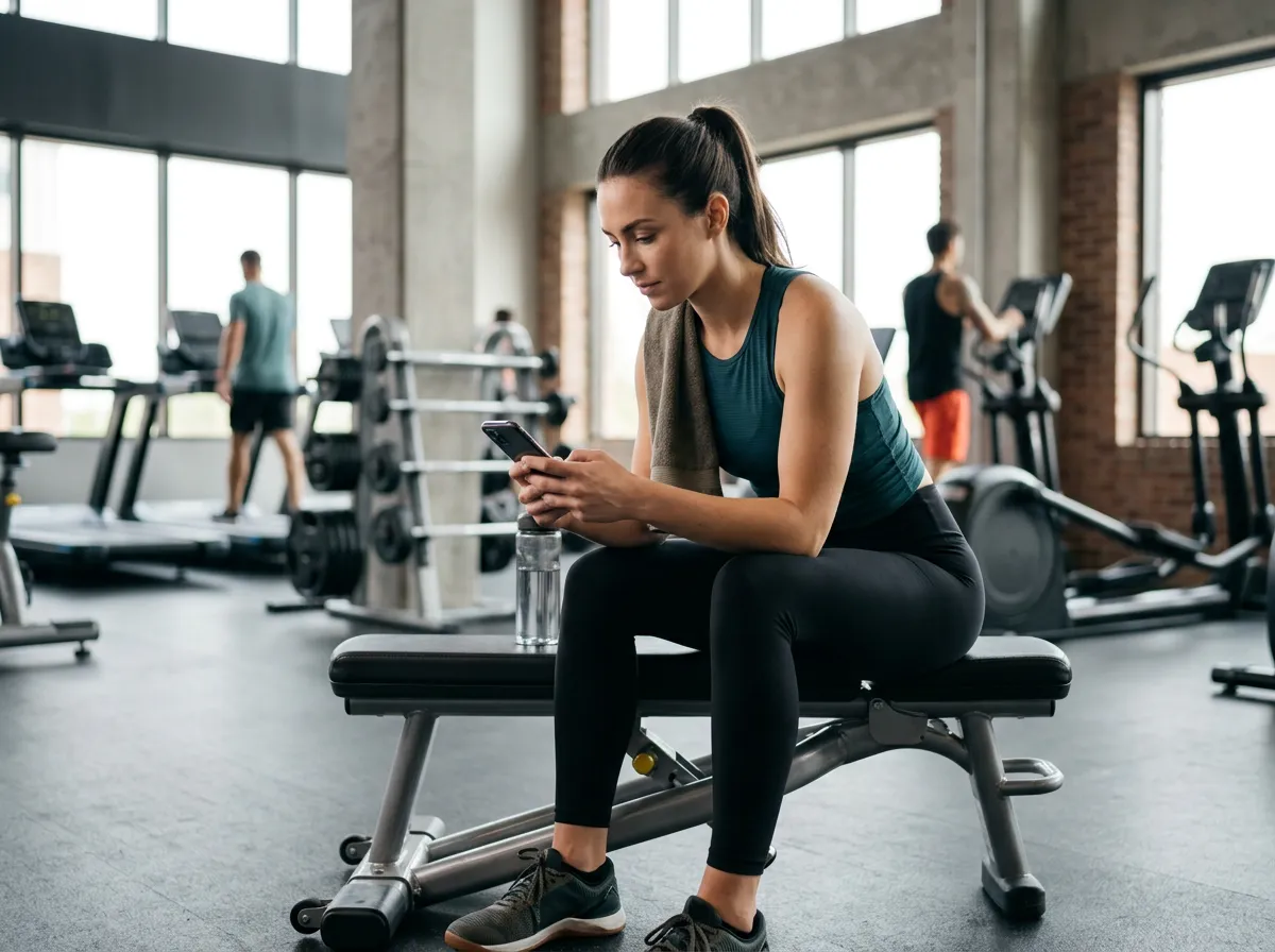 Woman checking her progress on a smartphone in a gym
