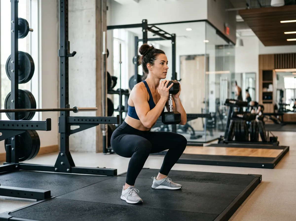 Woman performing a dumbbell squat in a gym setting