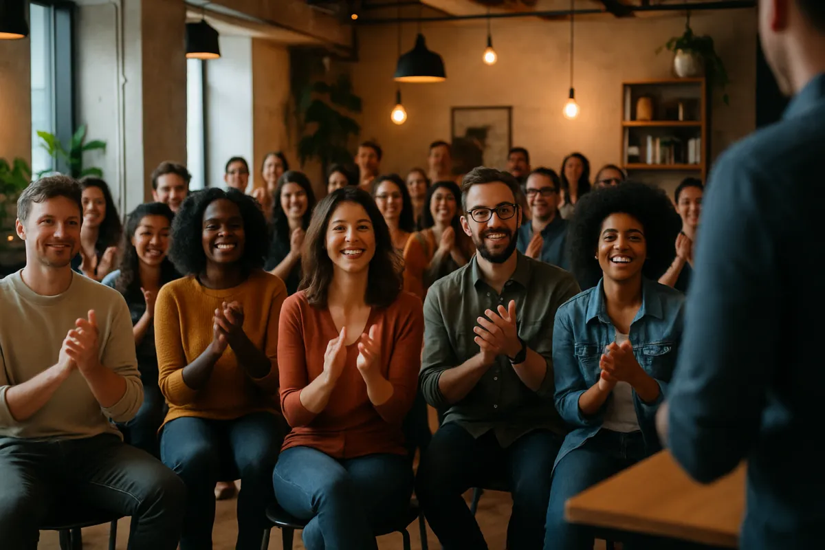 Grupo de asistentes aplaudiendo en un taller enérgico.
