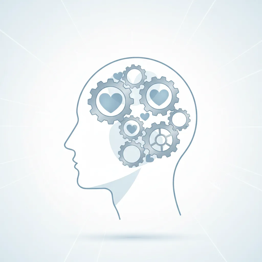 Ilustración conceptual de una mente abierta con engranajes y corazones entrelazados, simbolizando la integración de mentalidad y emociones en ventas. Estilo minimalista, colores suaves azul y gris, fondo claro, composición cuadrada, transmite claridad y enfoque innovador.