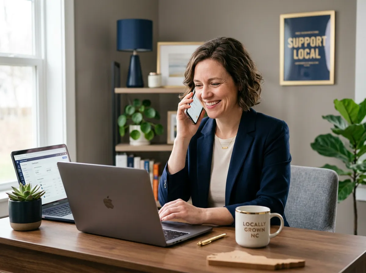 Small-business owner in North Carolina answering a phone call while reviewing work on a laptop