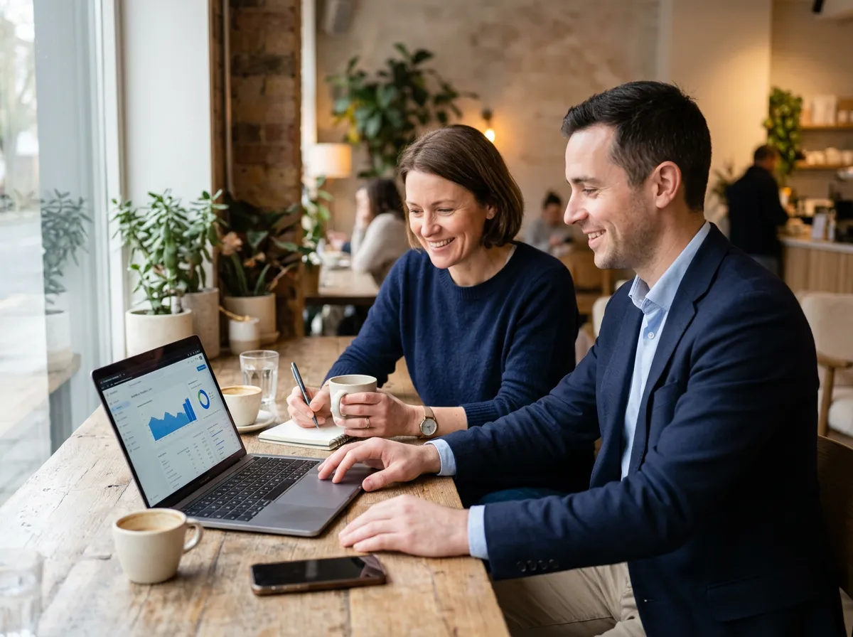 Marketing consultant meeting with a local service-business owner to review their website and leads on a laptop