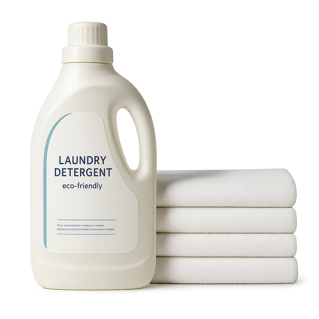 Eco-friendly detergent and perfectly folded linens stacked neatly on a clean background