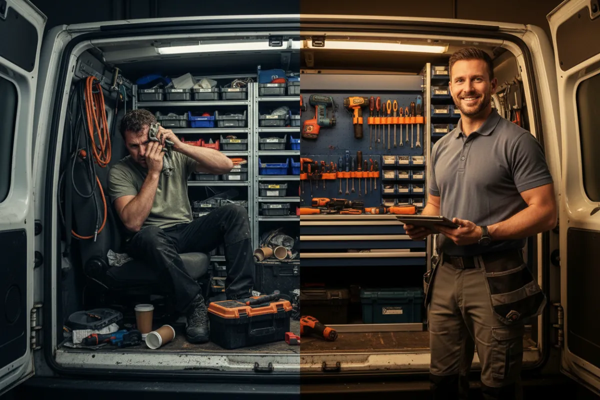 Before-and-after: stressed tradesman in messy van and confident contractor with organized tools and tablet