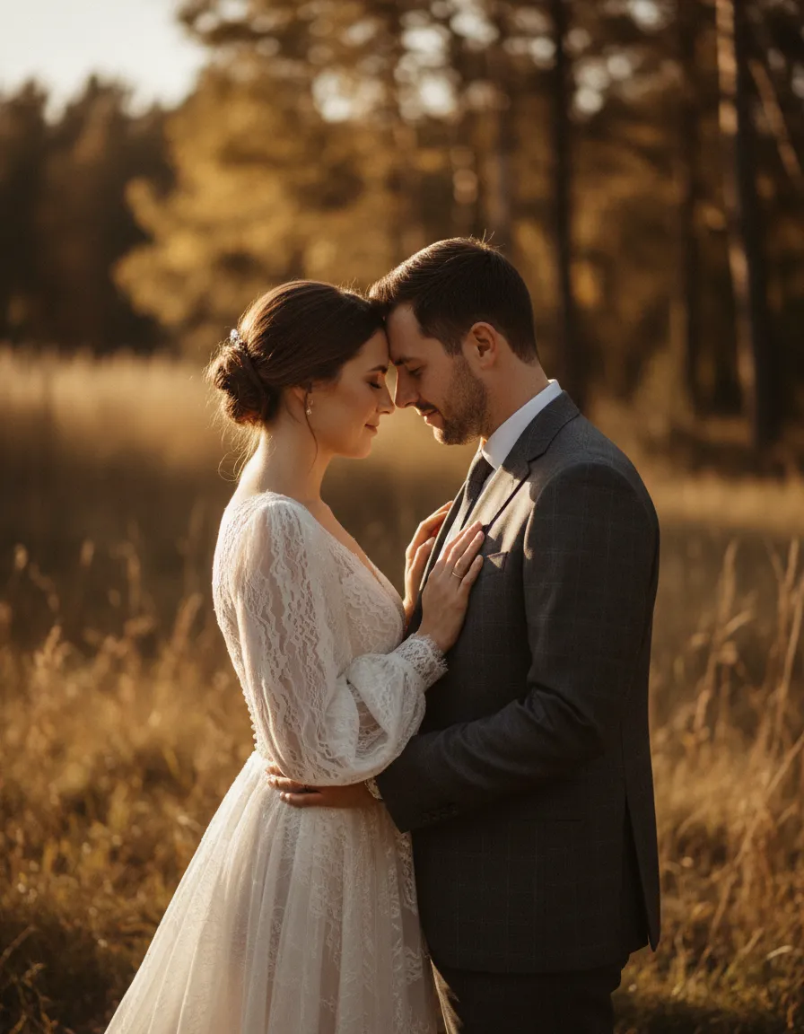 Cinematic wedding couple in soft golden light