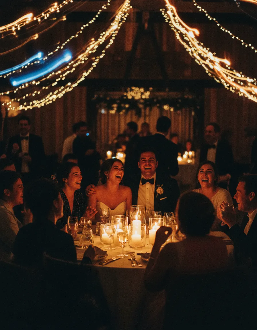 Candid reception laughter in cinematic lighting