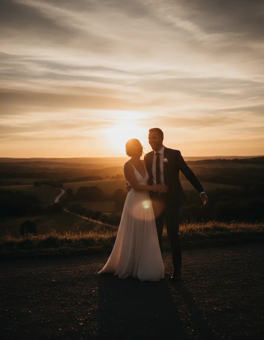 Golden hour cinematic wedding portrait