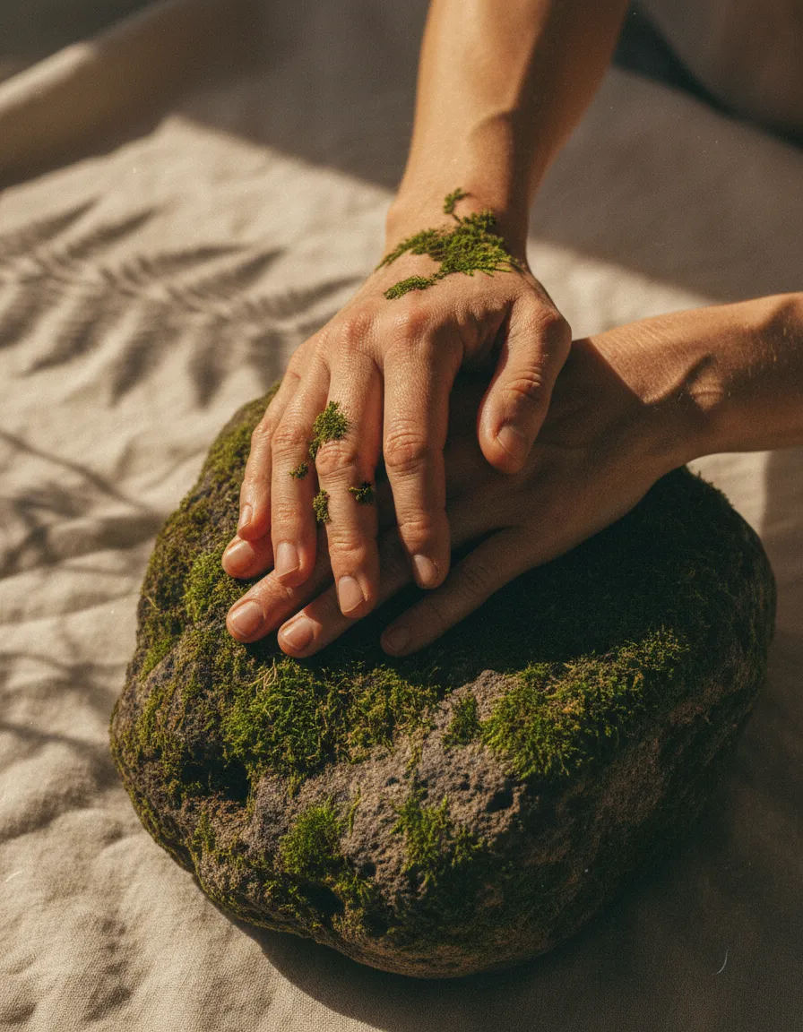 A grounding perspective of nature evoking unhurried time and returning to roots.