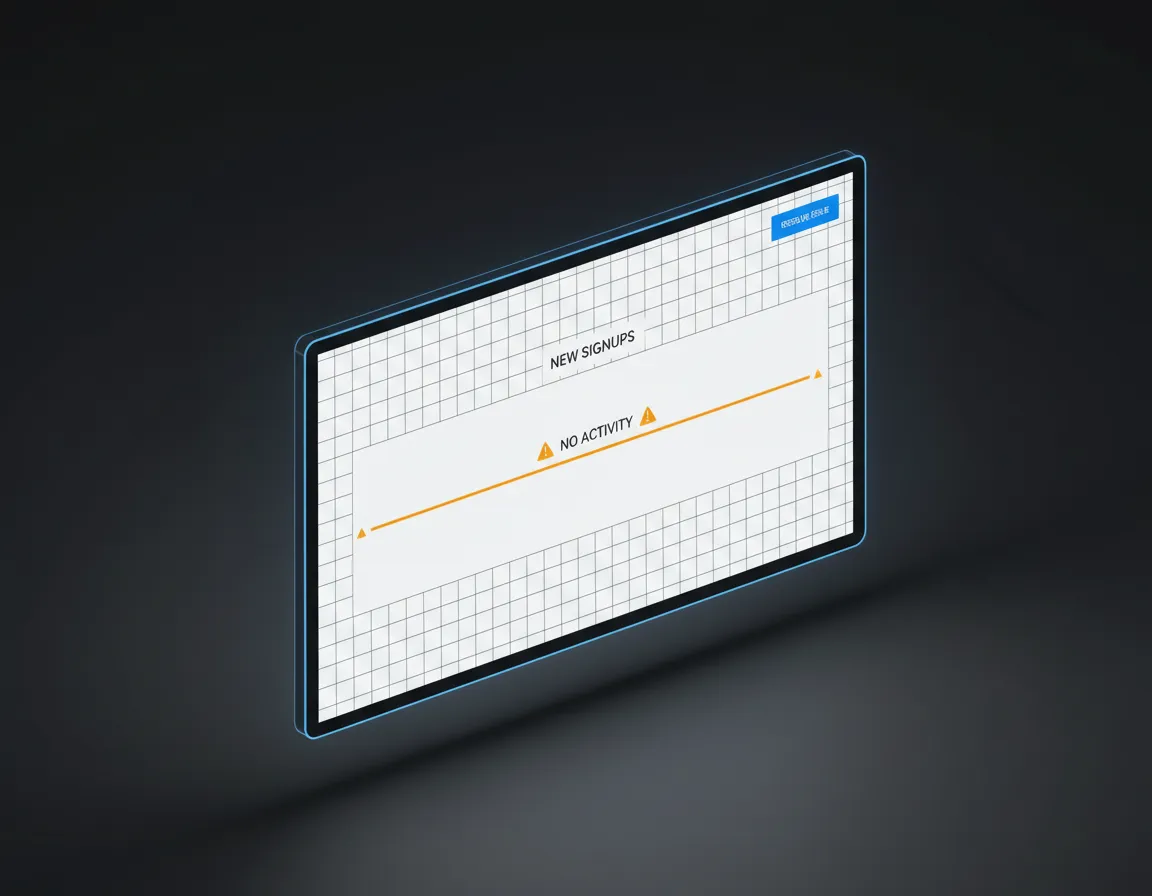Analytics dashboard showing zero signups