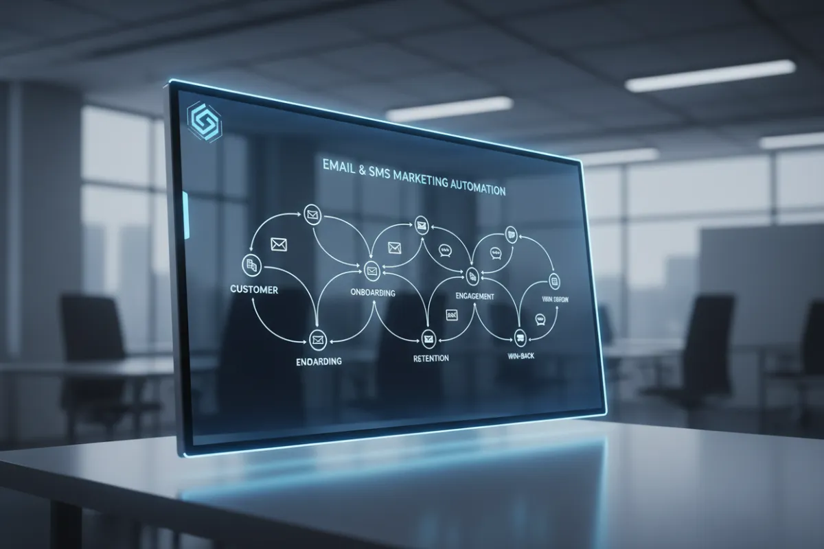 Email and SMS marketing automation dashboard showing customer retention flow visualization; modern blue and white tech aesthetic; professional business photography