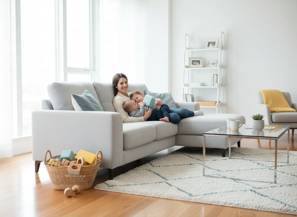 Parent and child relaxing in a clean living room