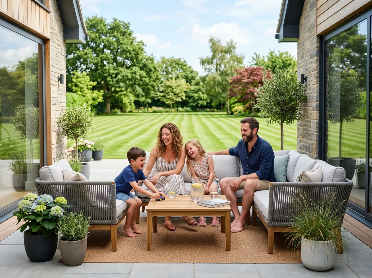 Immaculately manicured estate lawn with outdoor patio living space enjoying sunny afternoon