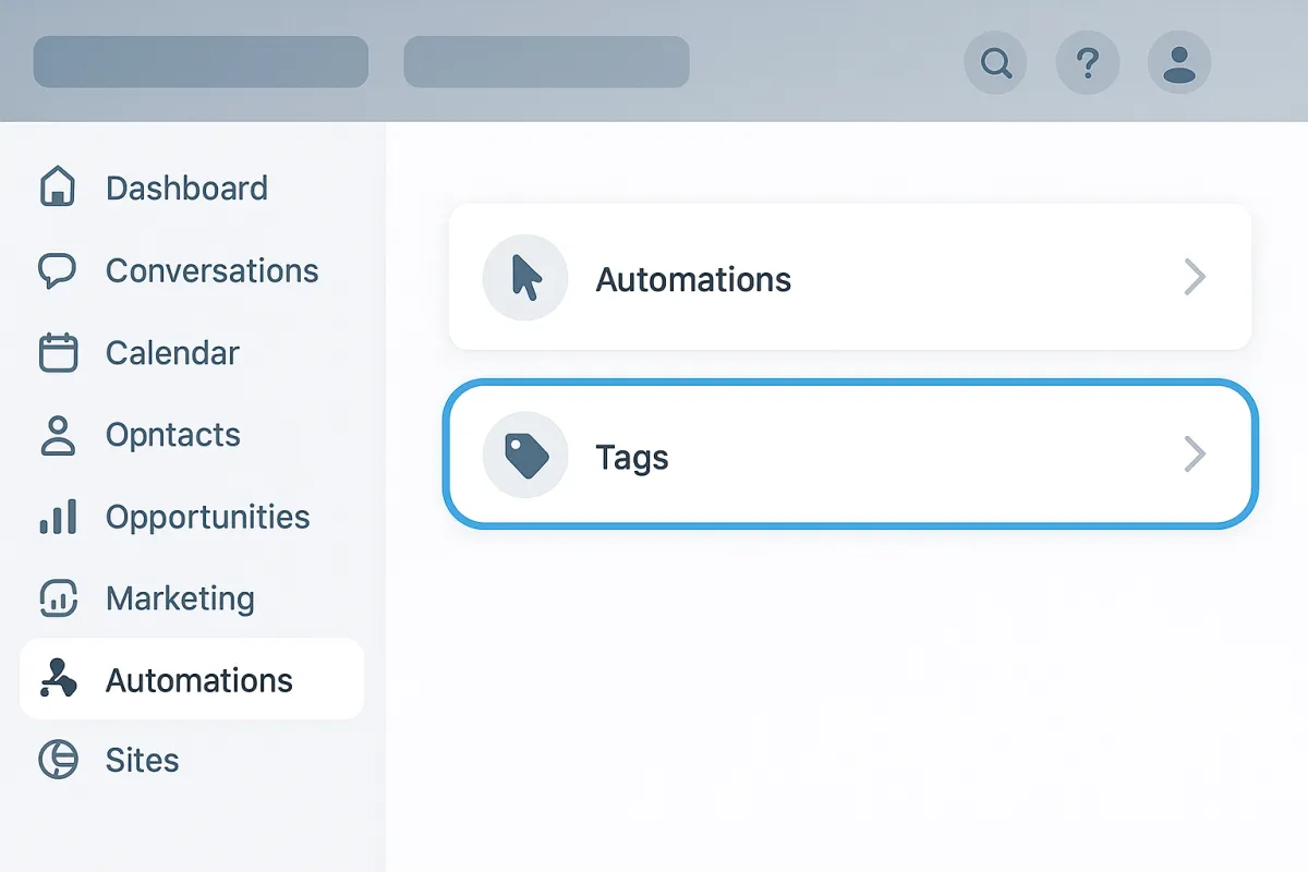 HighLevel dashboard navigation to automations and tags