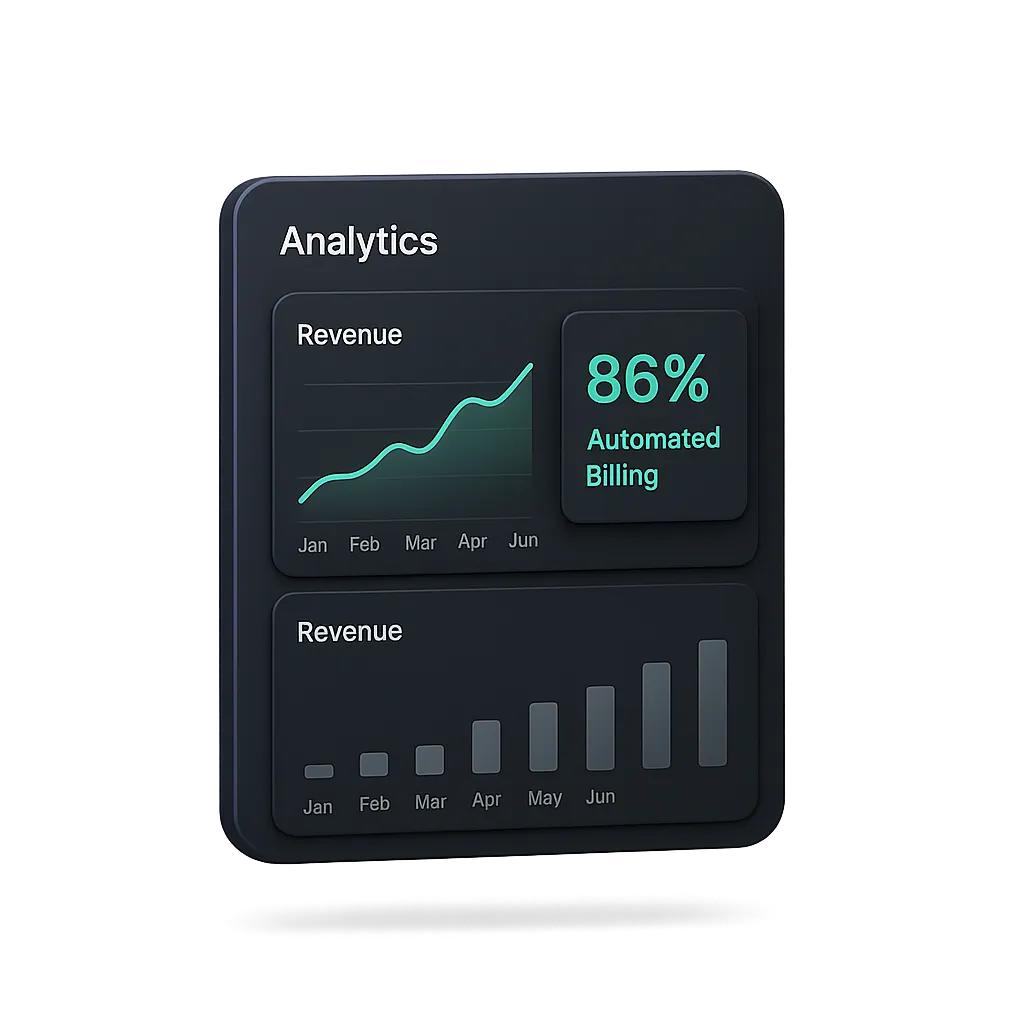 Dashboard showing event revenue growth and automated billing features