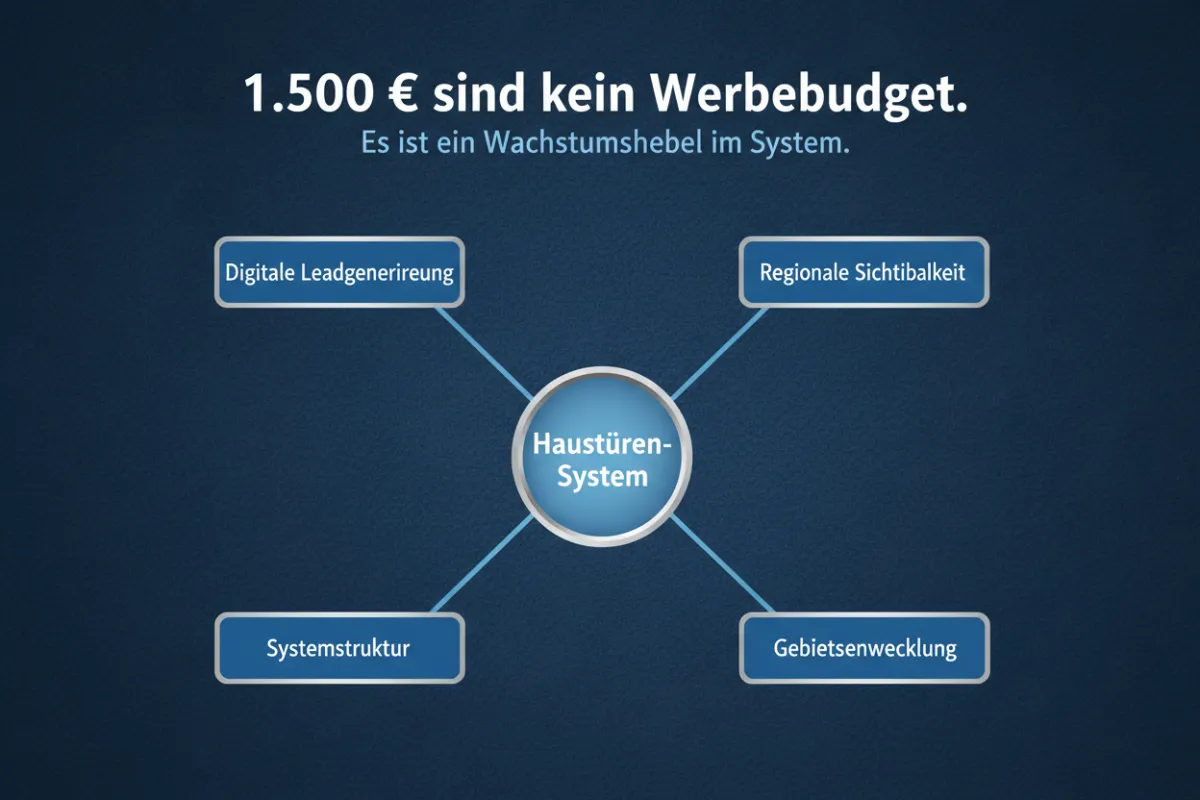 Infografik (DE): Dunkelblauer Hintergrund, zentraler Kreis 'Haustüren-System' mit vier Verbindungen zu 'Digitale Leadgenerierung', 'Regionale Sichtbarkeit', 'Systemstruktur', 'Gebietsentwicklung'. Titel: '1.500 € sind kein Werbebudget.' Untertitel: 'Es ist ein Wachstumshebel im System.'
