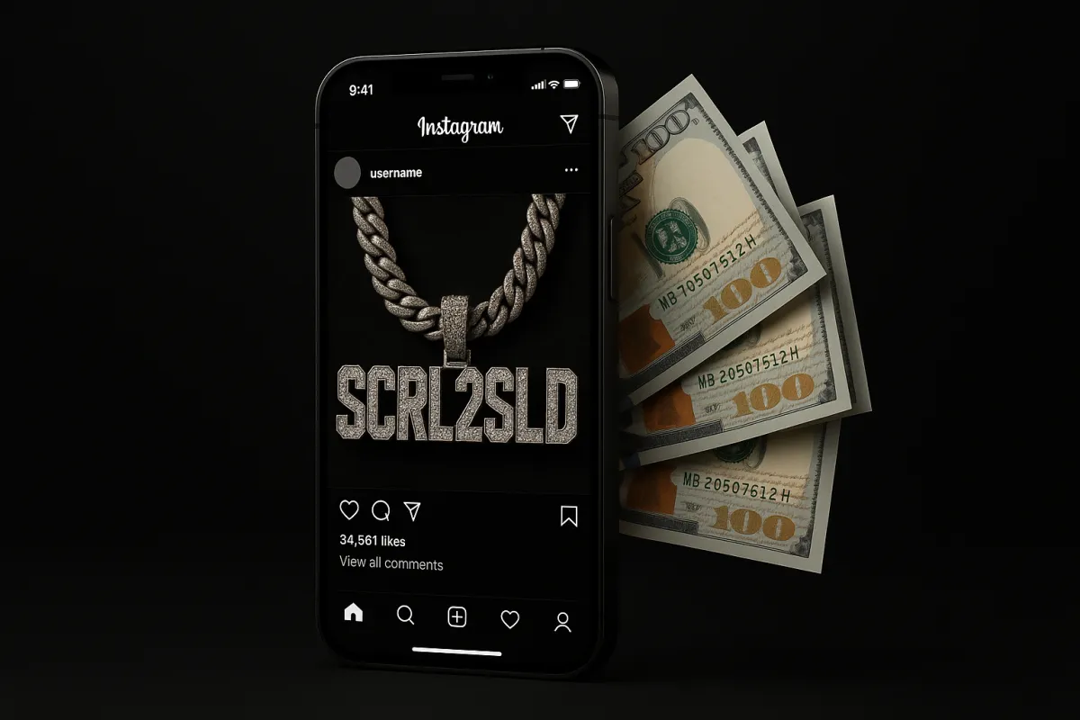 Space black iPhone showing an Instagram post of a diamond pendant engraved "SCL2SLD," with modern $100 bills subtly emerging from the phone on a dark, luxury background.