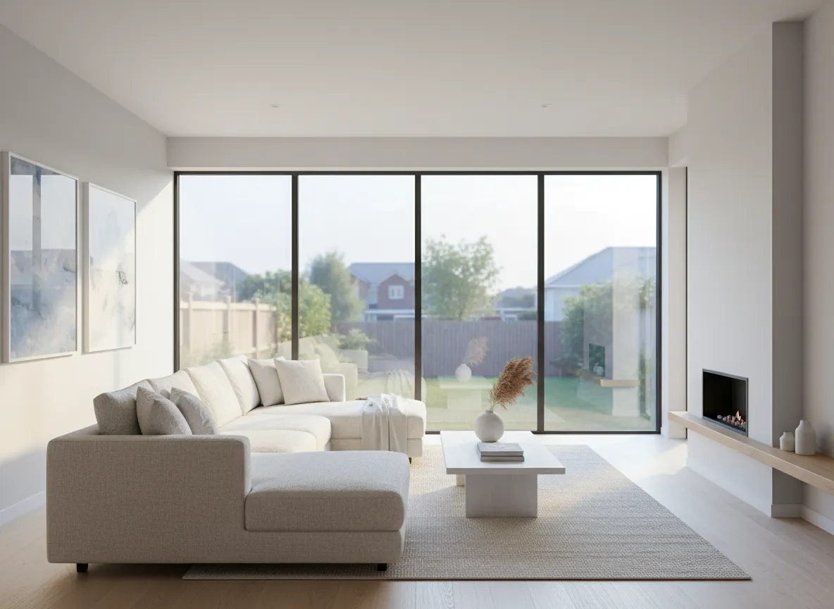 Modern living room with tinted windows