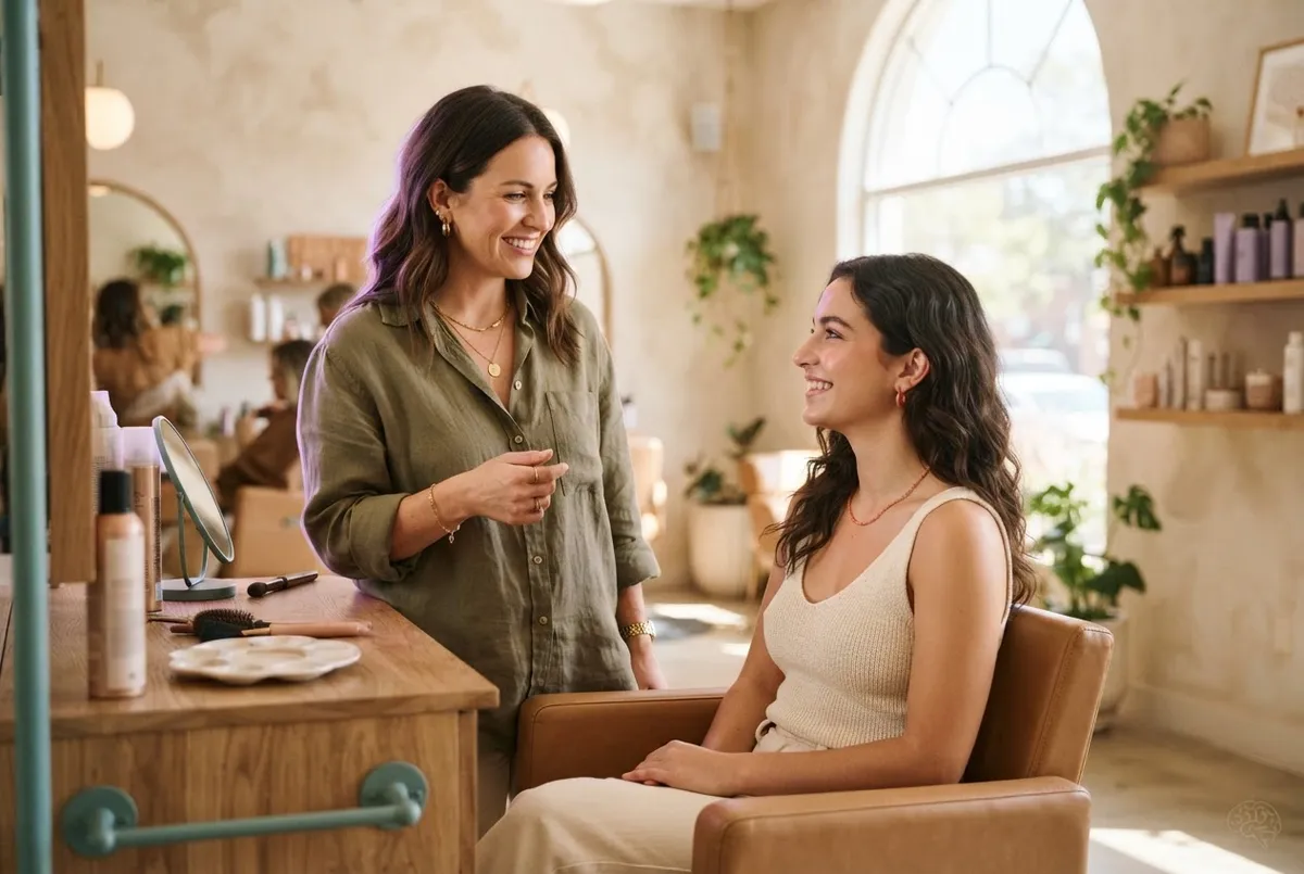 Stylist consulting warmly with a client in a sunlit boutique hair salon