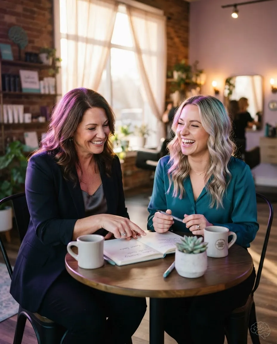 Warm lifestyle photo of a supportive mentor and smiling salon owner collaborating happily in a sunlit boutique salon
