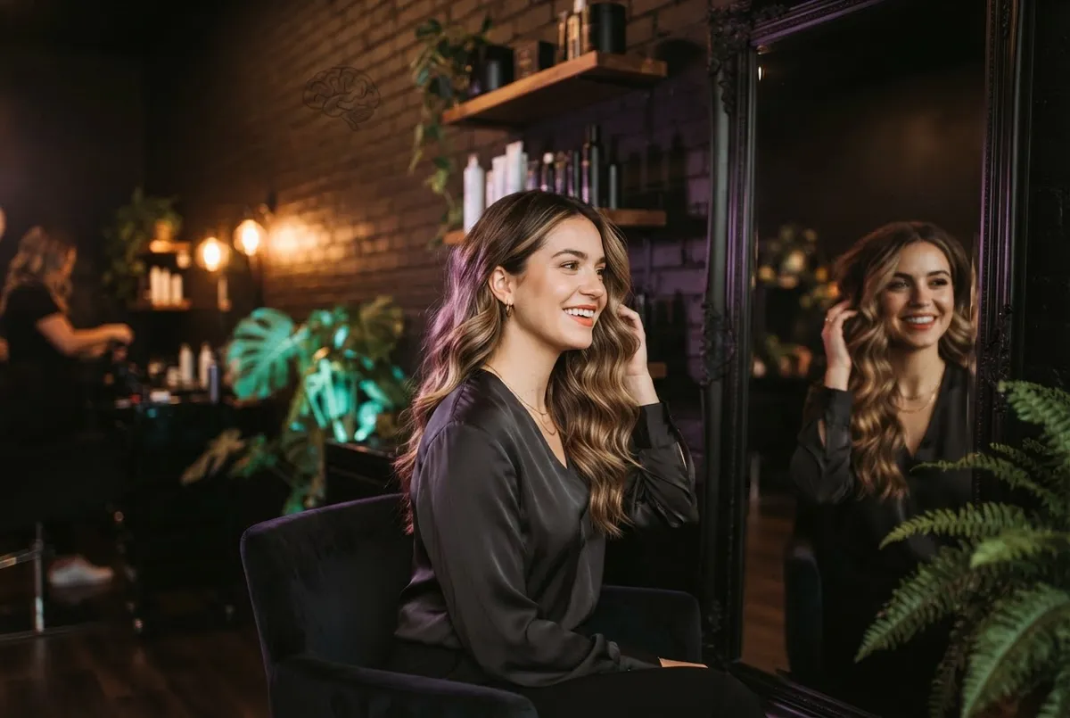 Satisfied salon client admiring her refreshed hair in a stylish studio mirror