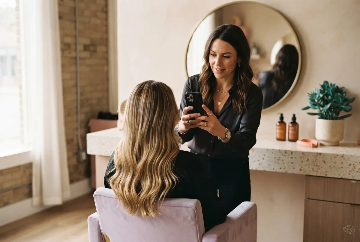 Salon owner photographing a fresh balayage styling result in natural lighting