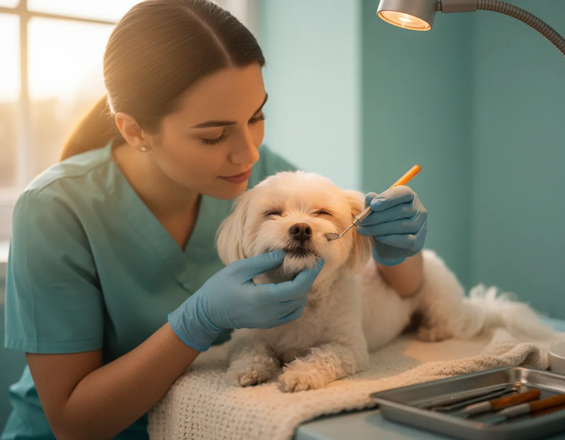 Perro recibiendo tratamiento dental con cuidado compasivo