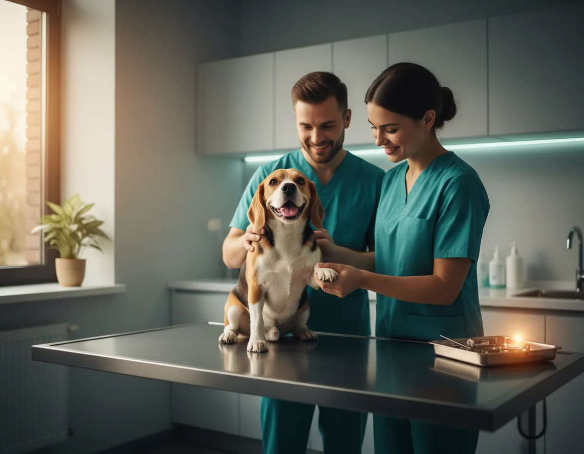 Veterinario realizando chequeo preventivo a un perro de forma calmada