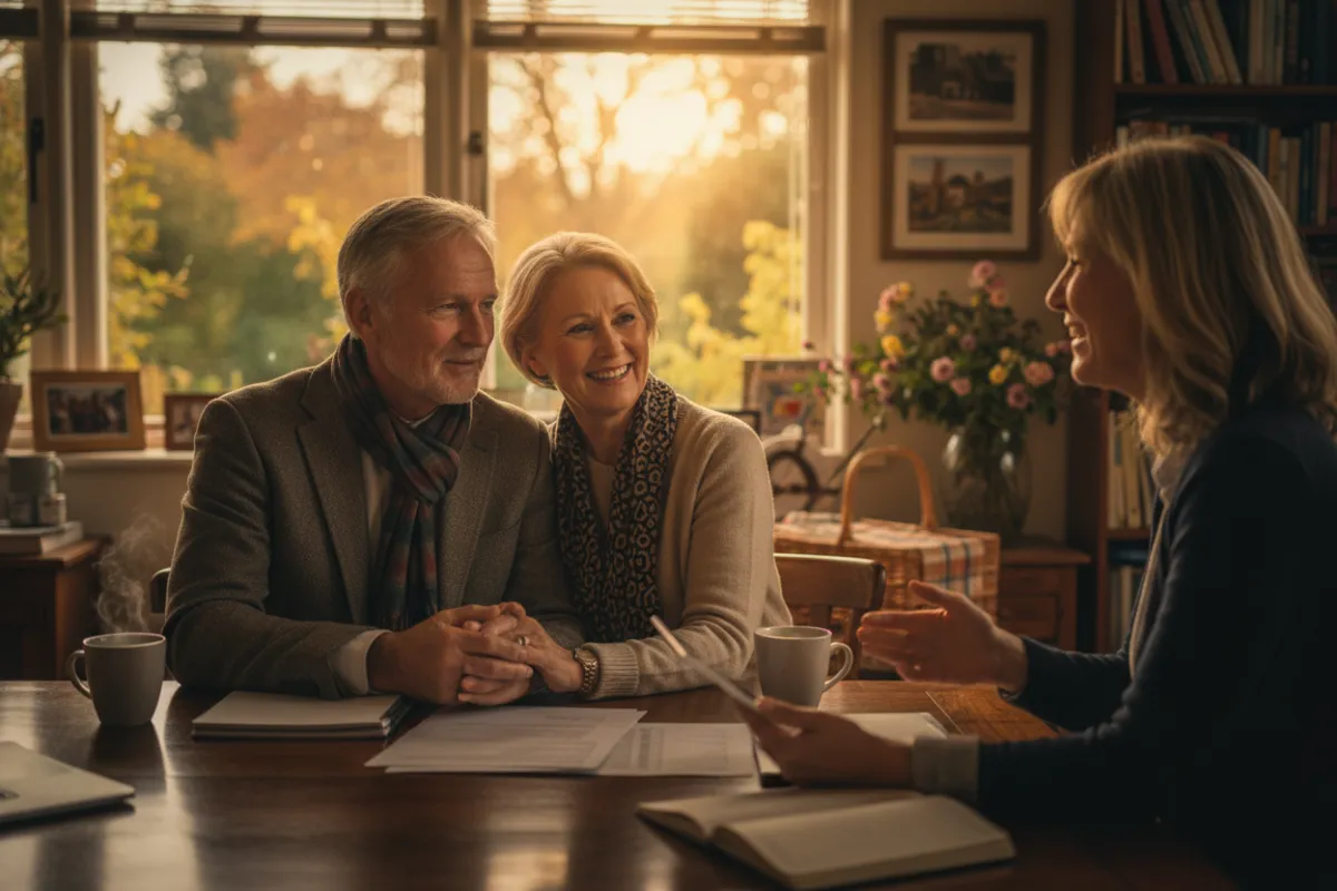 Mature couple reviewing documents with a financial advisor, warm hopeful tones